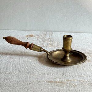 Vintage Wood Handled Brass Candle Stick Holder